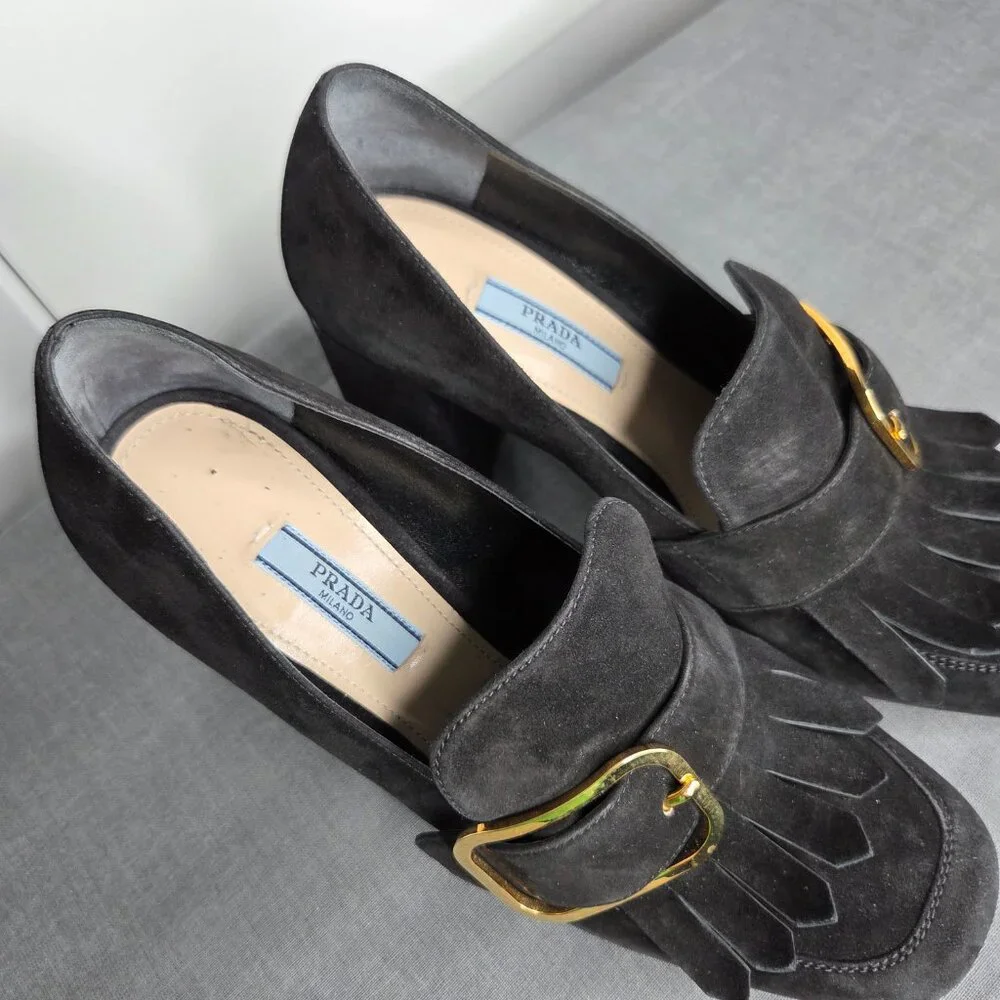 Women's Prada Black Suede Madras Fringe Buckle Slip-On with COA - EU Size 38.5 - Picture 5 of 12